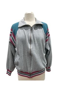Vintage 90’s Color Block Stripe Zip Front Sweatshirt SZ M Grey Teal
